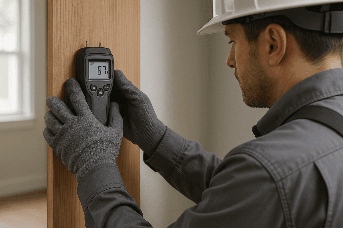 Close-up of inspector's gloved hands using digital moisture meter on wooden interior wall